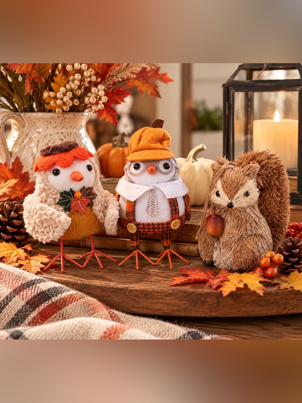 Celebrate It Harvest Fall Fabric Birds & Woodland Squirrel Set of 3 Autumn Decor